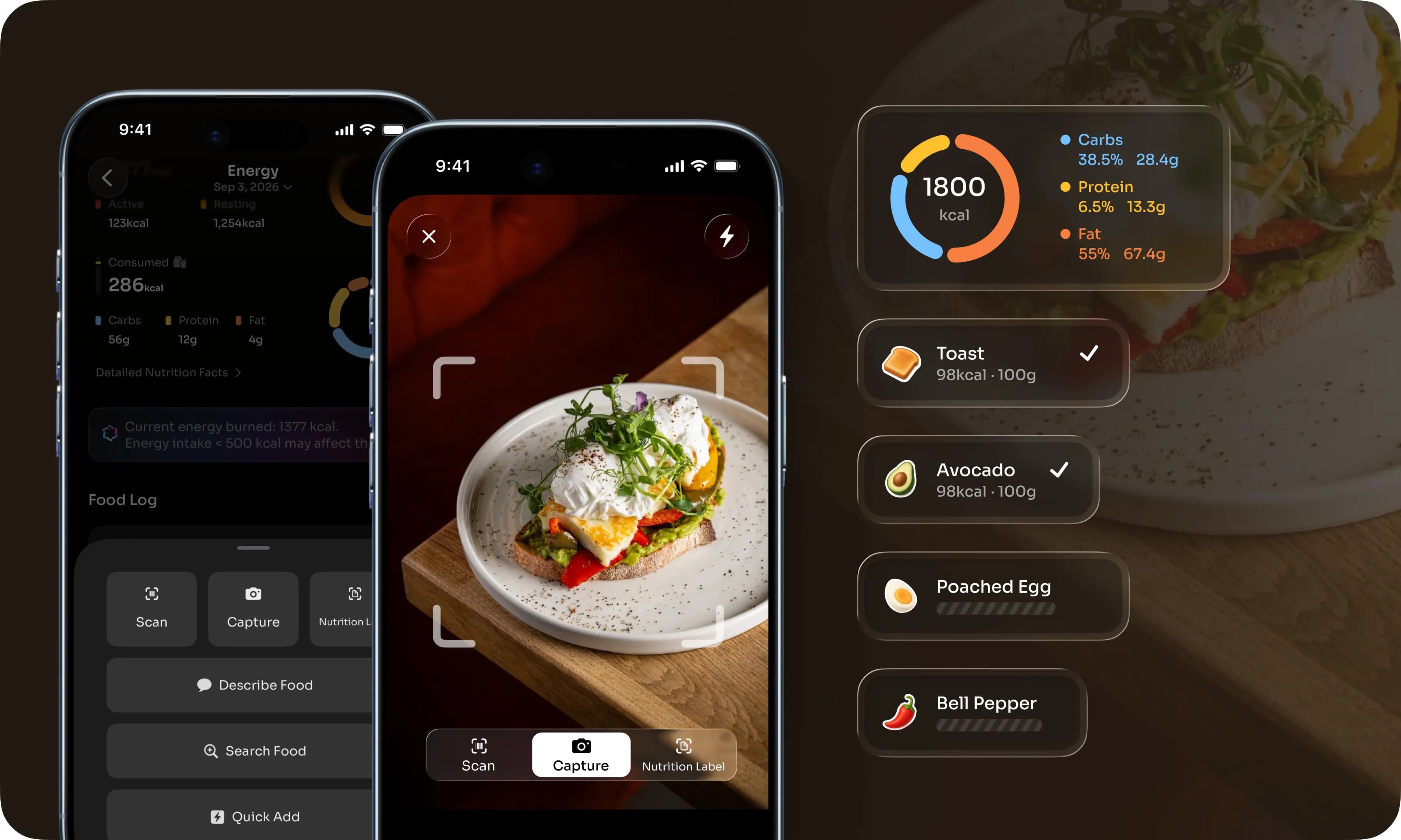 Food Log identifies toast, avocado, eggs, and peppers from a meal photo and tracks calories and macros.