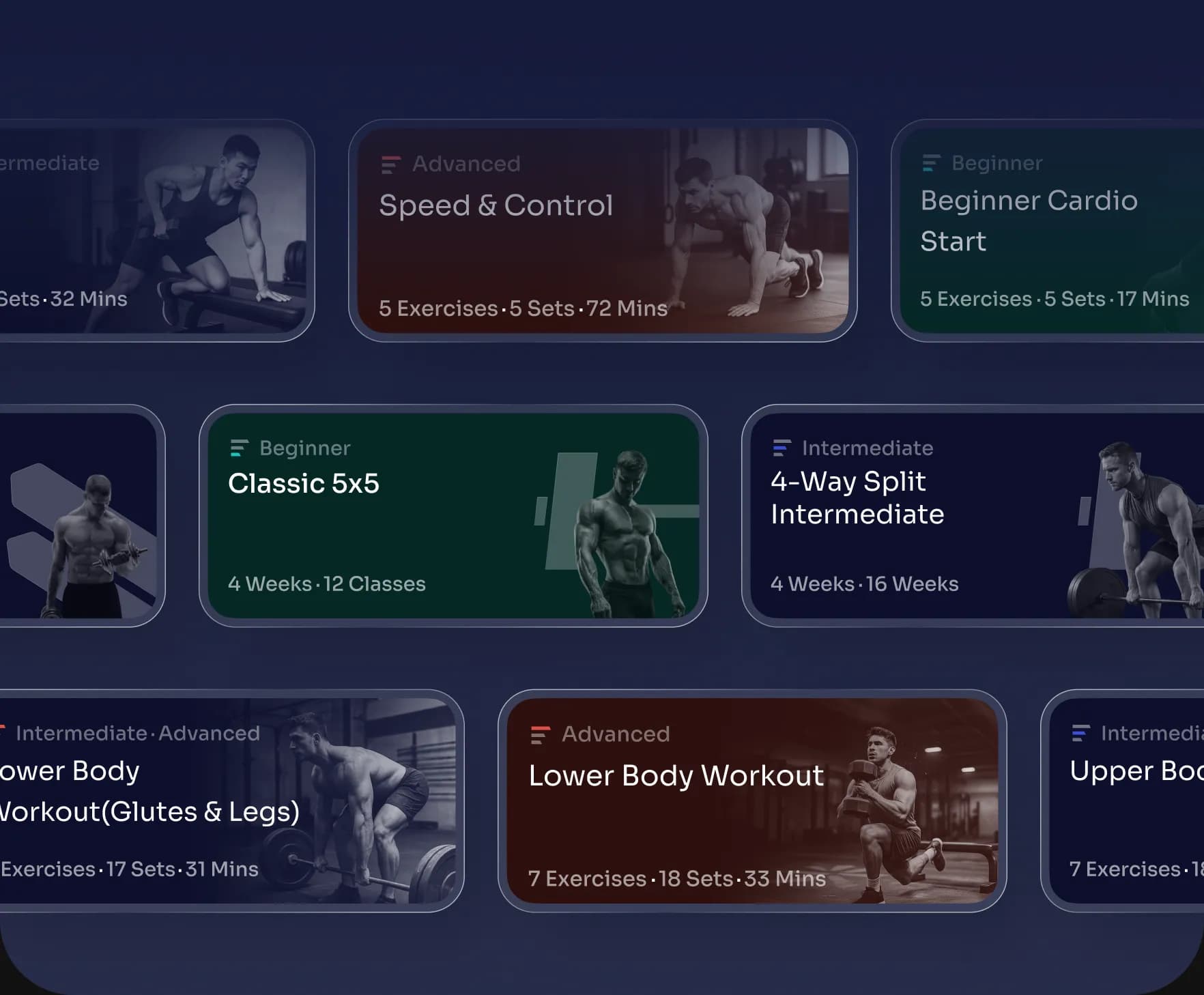 Curated workout classes and structured programs for beginner, intermediate, and advanced training.
